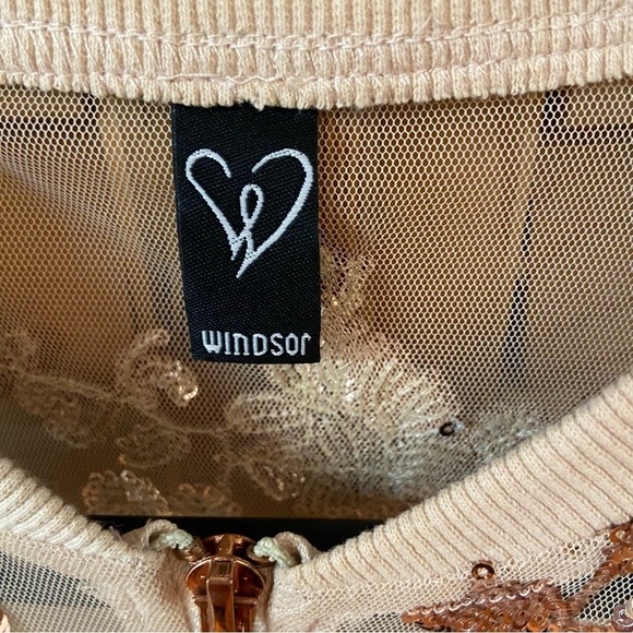Windsor Tan Mesh Sequin Embellished Jacket Size S Gold Zipper Party Sparkle Fun - Picture 8 of 10